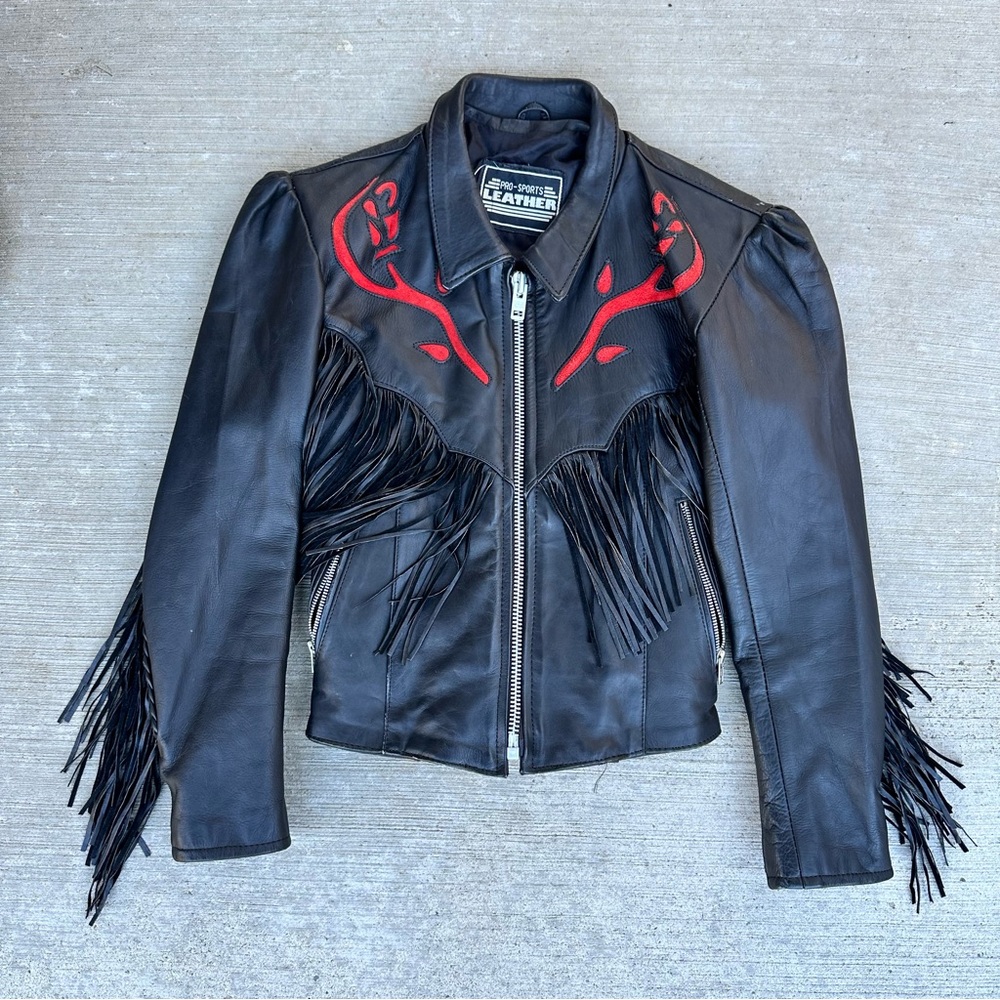 Vintage Women’s Fringe Black Leather Motorcycle Jacket XS